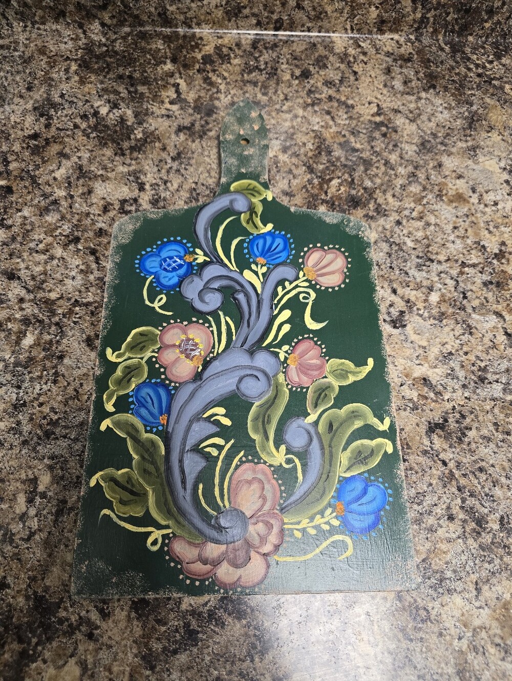 Hand-Painted Floral Wall Art Paddle — Green, Blue & Pink